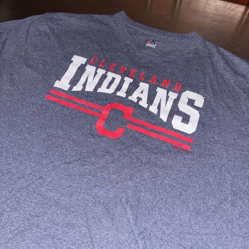 Cleveland Indians Majestic MLB Blue Long Sleeve T-Shirt‎ Block C Logo 2XL XXL
